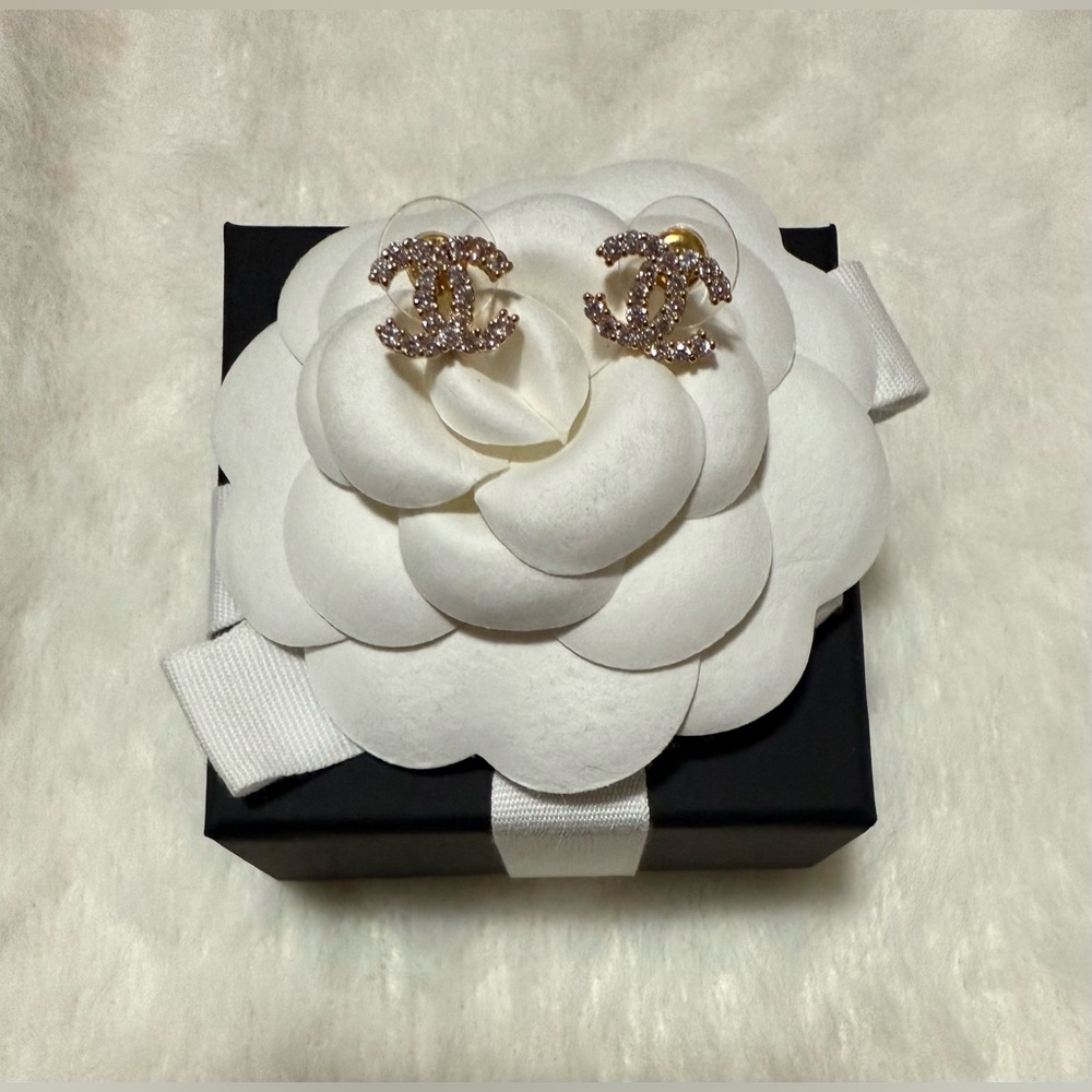 Crystal CC Style Stud Earrings Goldtone